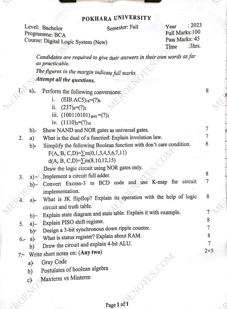 PU BCA 1st Sem Digital Logic System Question Paper (2020-24)