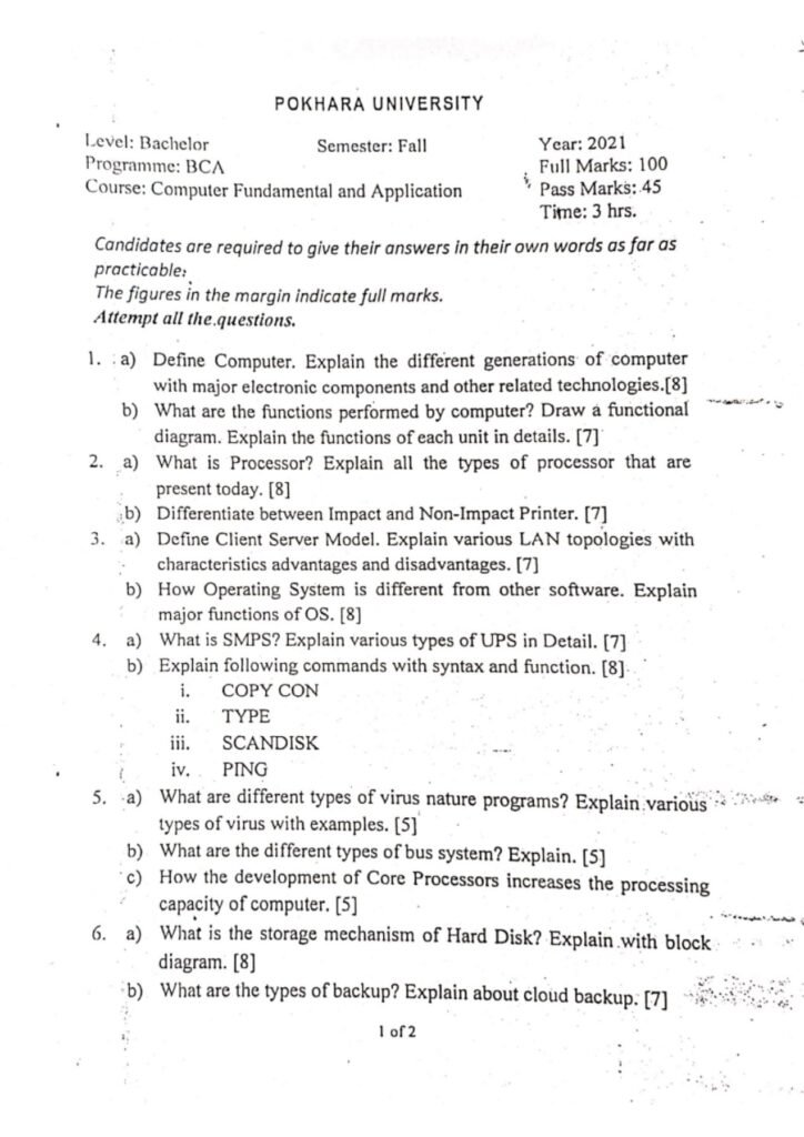 Pokhara University BCA  1st Sem Computer Fundamental & Application Question Paper 2021