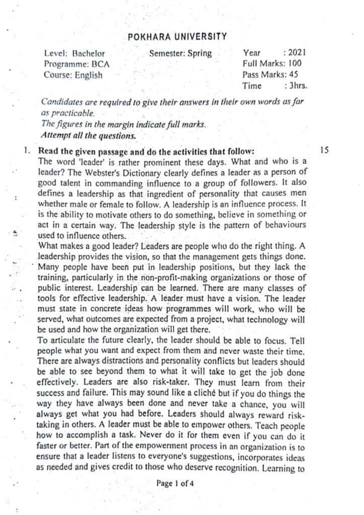 Pokhara University  BCA  1st Sem English Question paper 