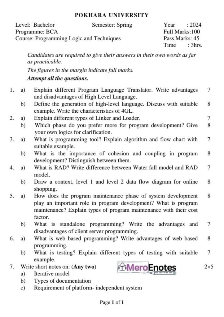 Pokhara University BCA  1st Semester Programming Logic and Technique Question paper 2024