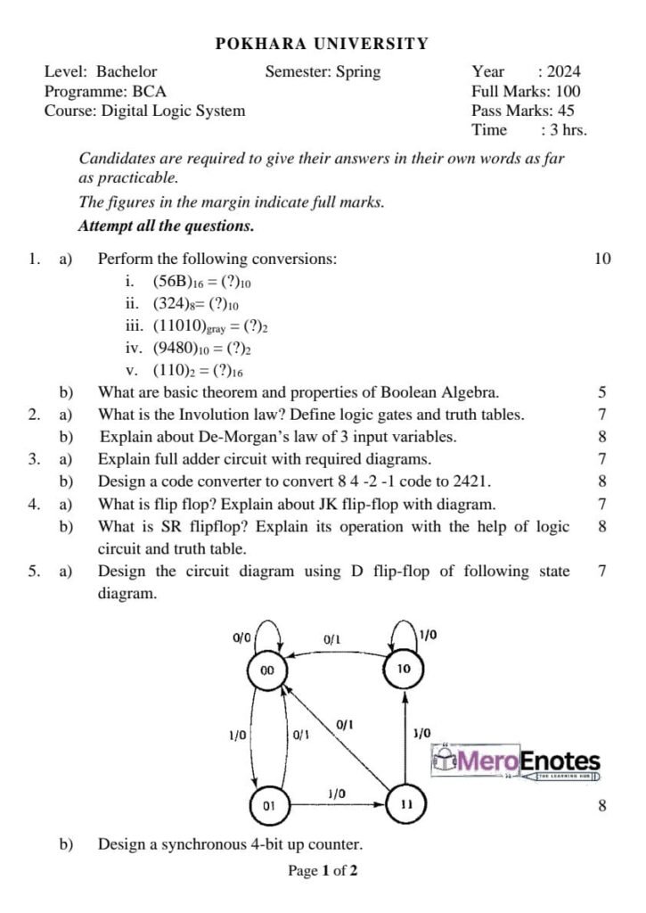 PU BCA 1 Semester Digital Logic System Question Paper 2024