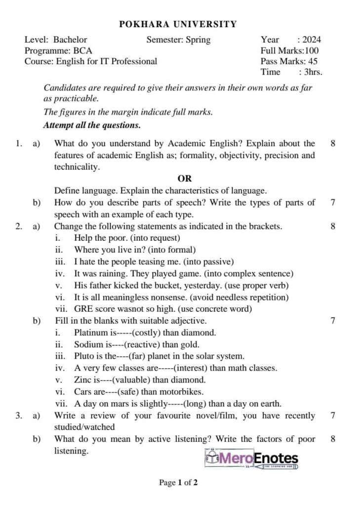 Pokhara University  BCA  1st Semester English Question paper 2024