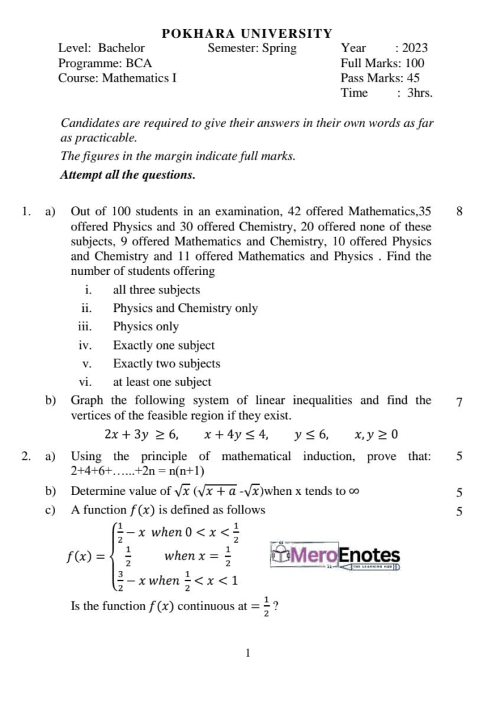 Pokhara University BCA Mathematics I Question paper 1st semester 2023