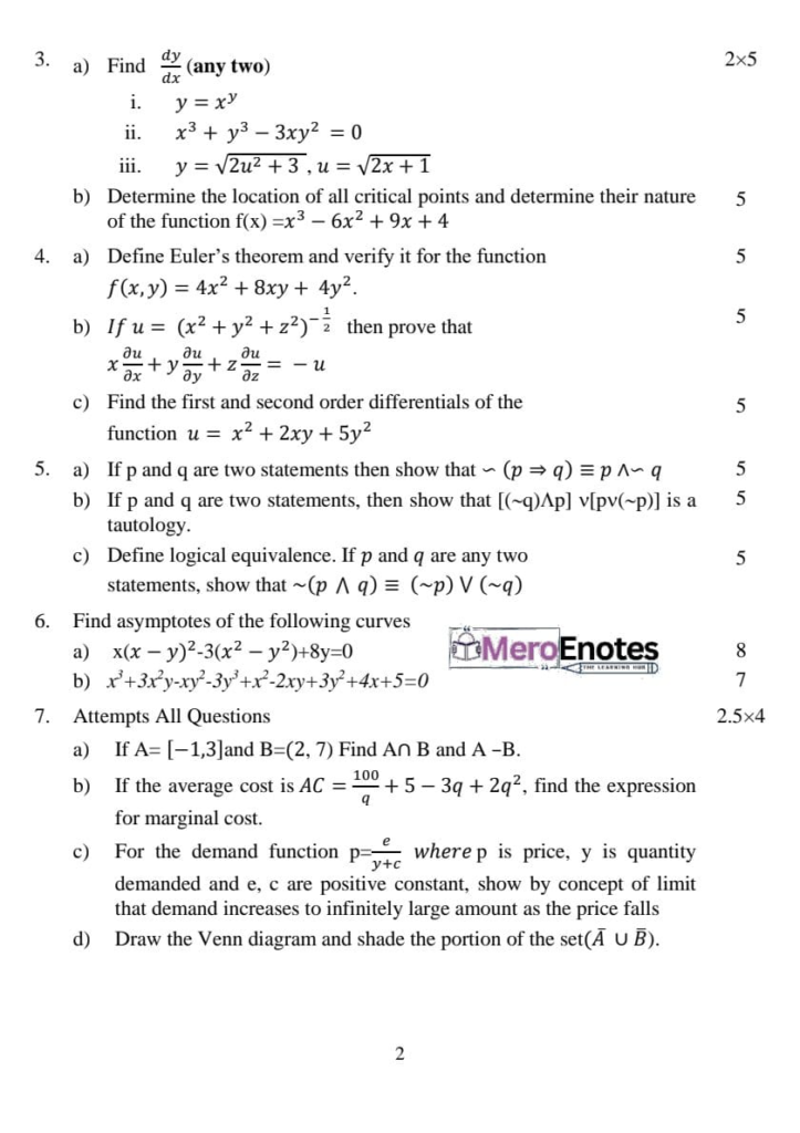 Pokhara University BCA Mathematics I Question paper 1st semester 2023