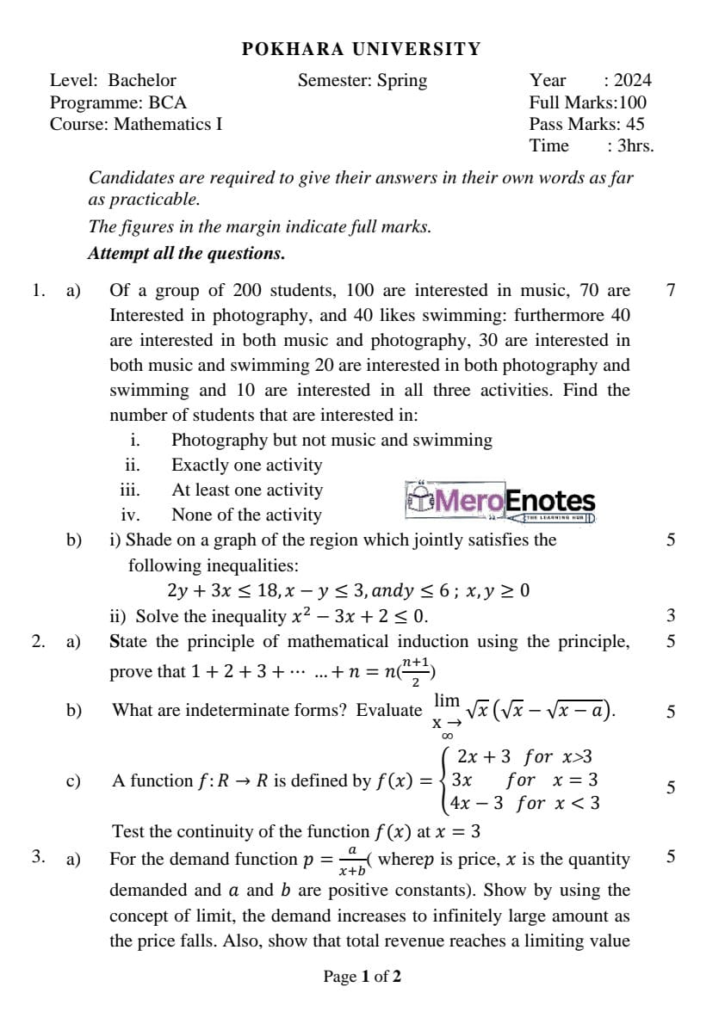 Pokhara University BCA Mathematics I (New)Question paper 1st semester (2024)