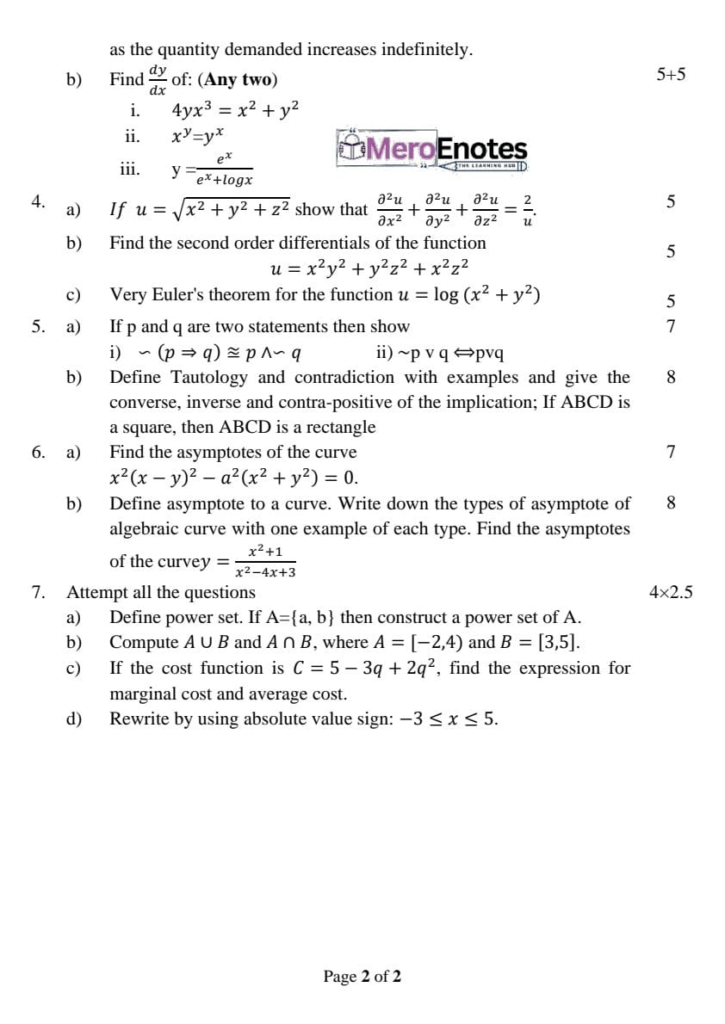 Pokhara University BCA Mathematics I (New)Question paper 1st semester (2024)