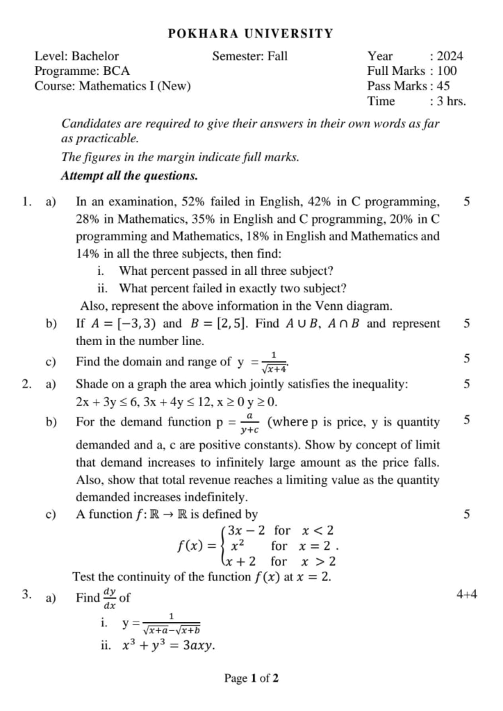 BCA Mathematics I Question paper 1st semester