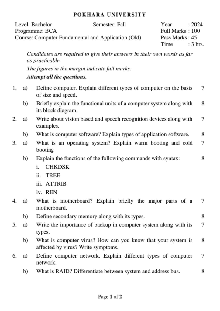 PU BCA  1st Sem Computer Fundamental & Application Question paper