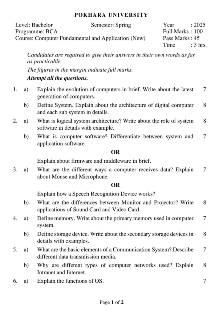 PU BCA  1st Sem Computer Fundamental & Application Question paper