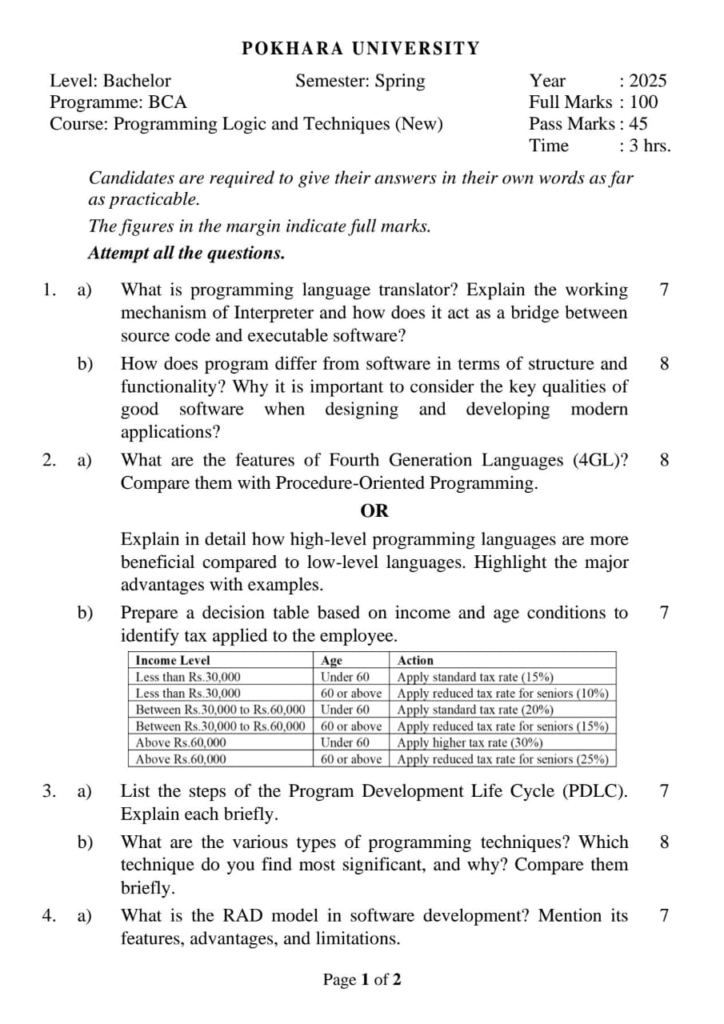 PU BCA  1st Sem Programming Logic and Technique Question paper