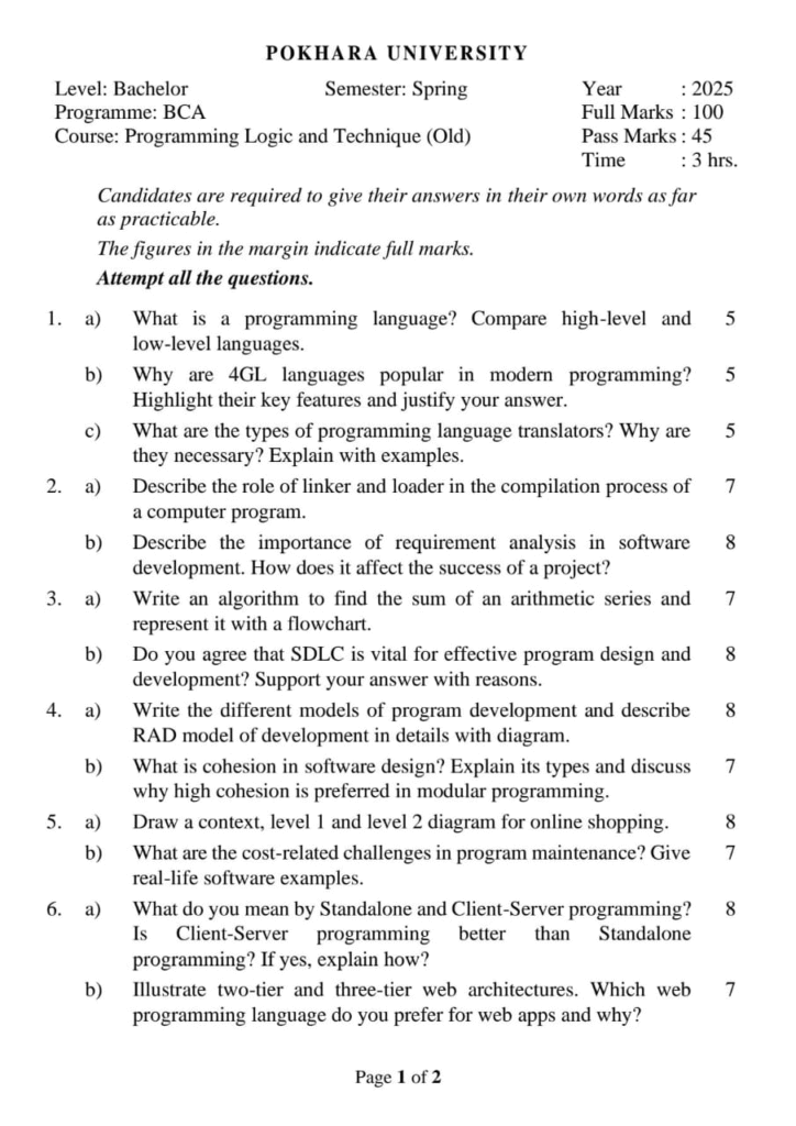 PU BCA  1st Sem Programming Logic and Technique Question paper