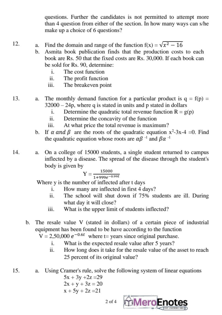 BBA BBA-BI BBA-IT PU Business Mathematics I Question Paper 2024