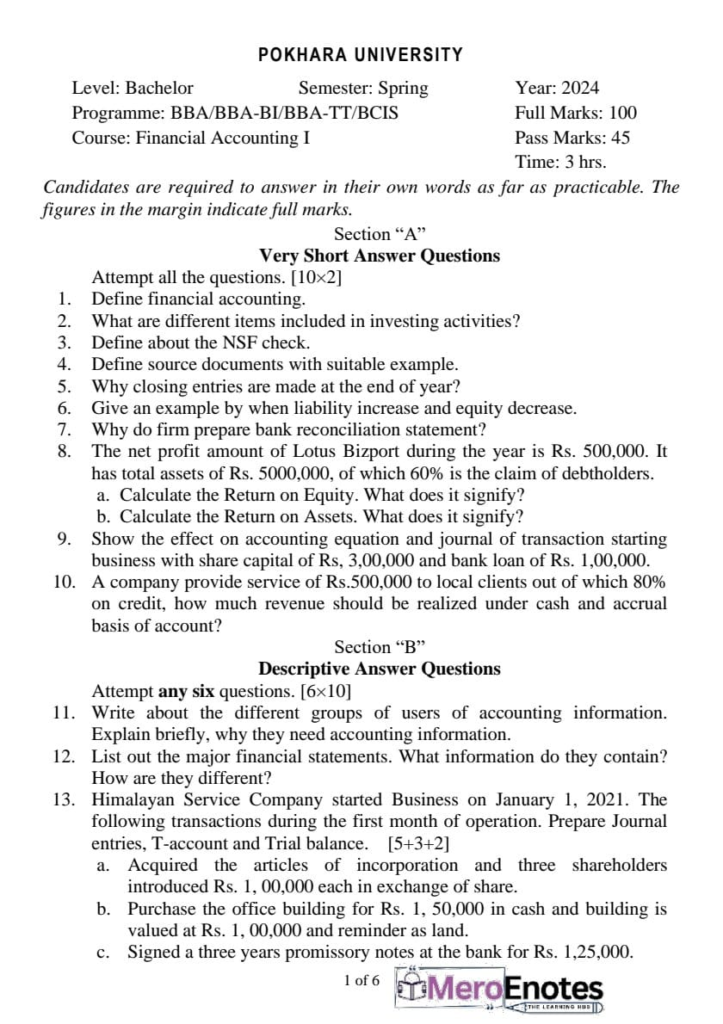 BBA, BBA-BI, BBA -IT, BCIS PU Financial Accounting I Question Paper 2024