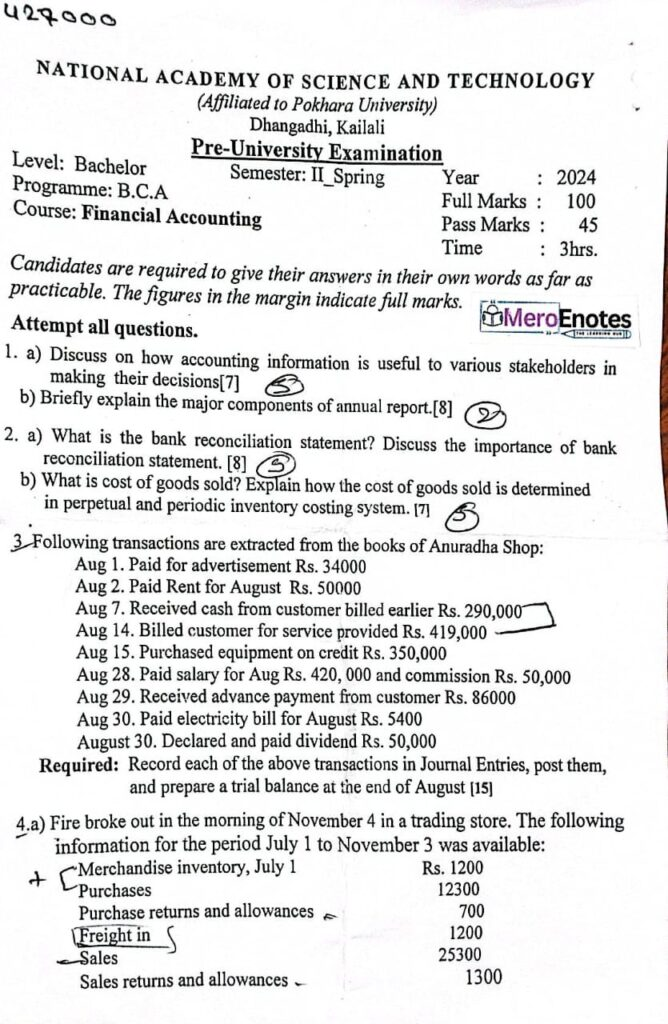 Pokhara University BCA Financial Accounting Question paper 2nd semester