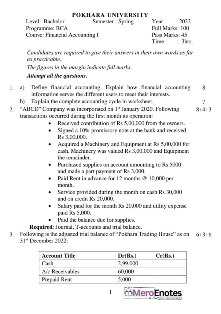 Pokhara University BCA Financial Accounting Question paper 2nd semester