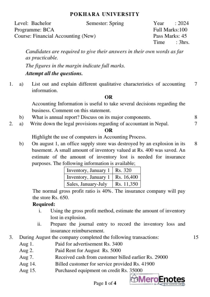 Pokhara University BCA Financial Accounting Question paper 2nd semester