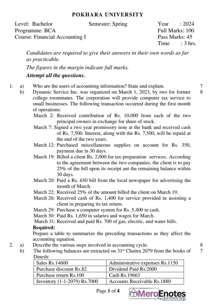 Pokhara University BCA Financial Accounting Question paper 2nd semester