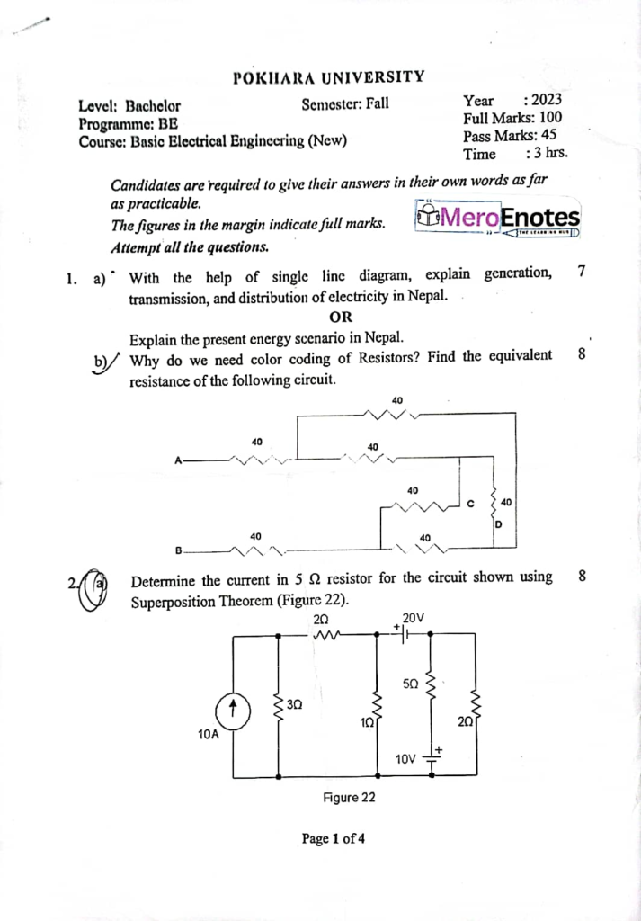 PU BE Computer Basic Electrical Engineering Question paper 1st Semester 
