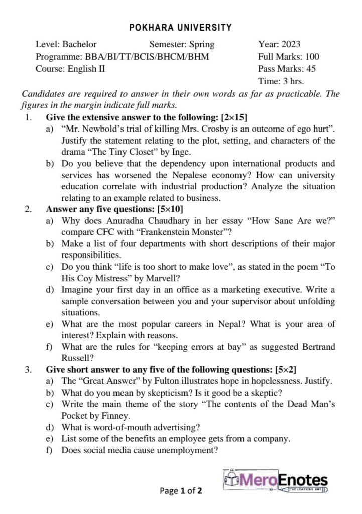 English II Question Paper 2023