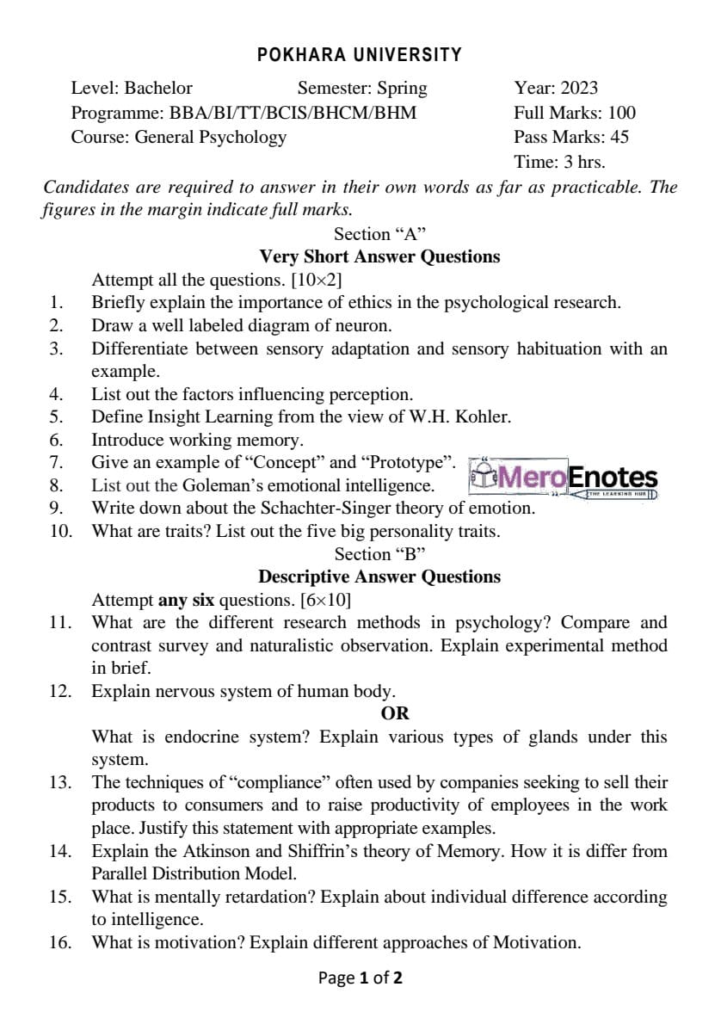 General Psychology Question Paper 2023