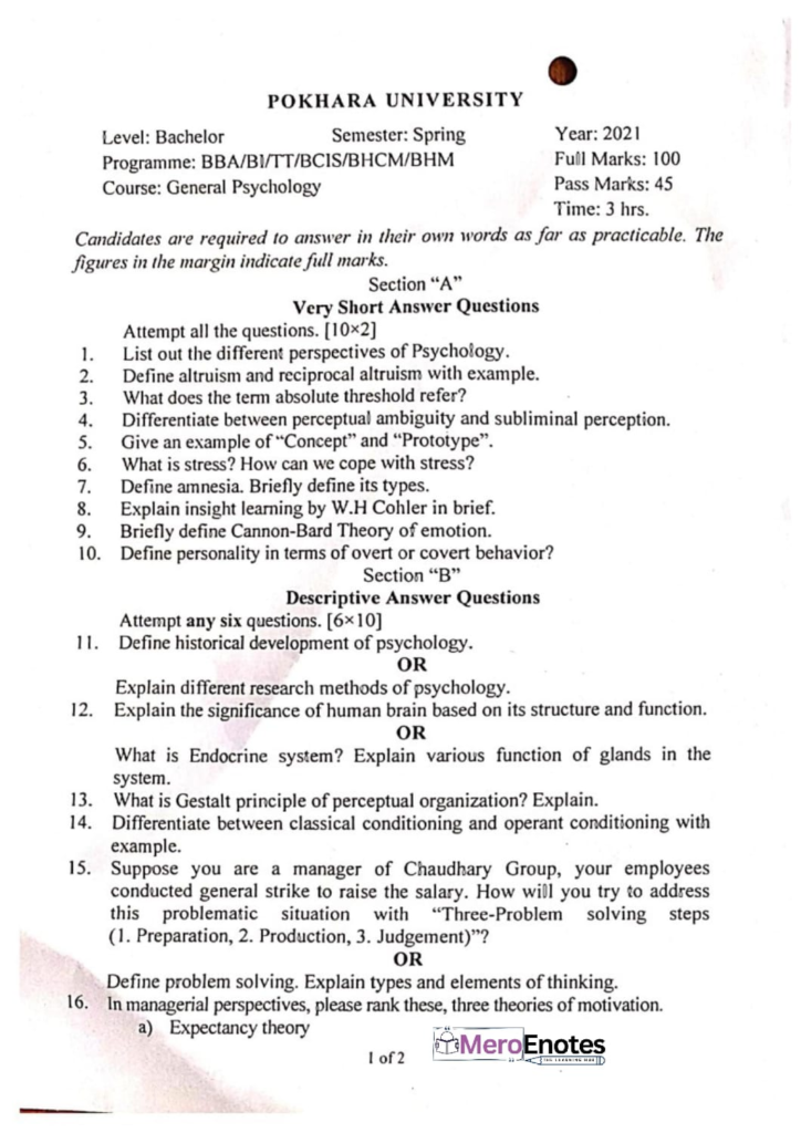 General Psychology Question Paper 2023