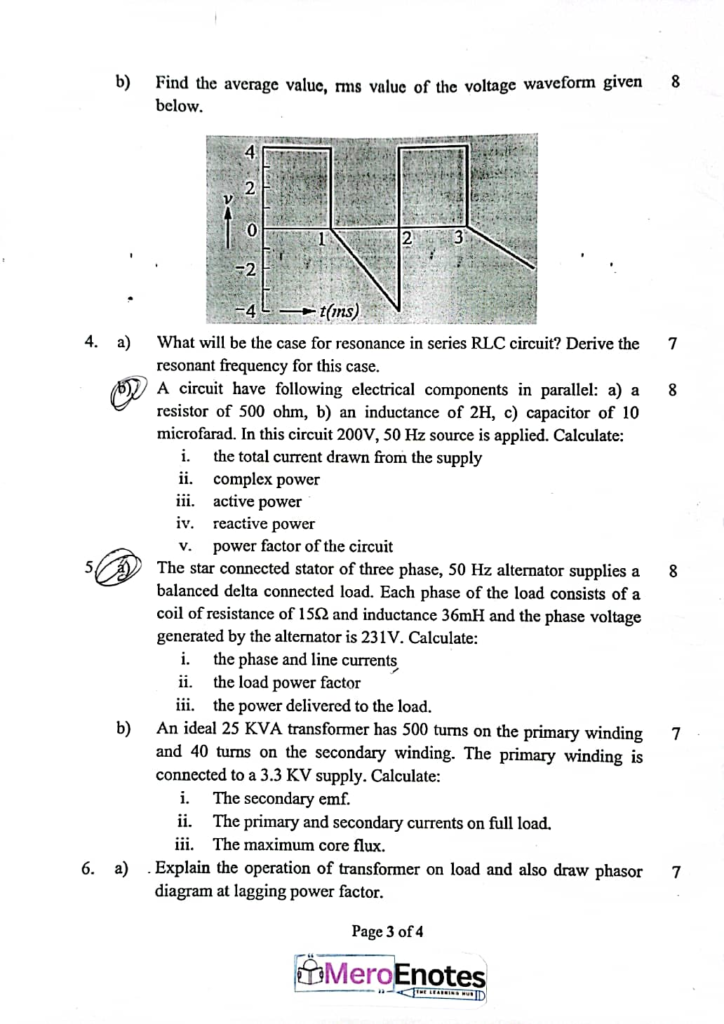 PU BE Computer Basic Electrical Engineering Question paper 1st Semester 