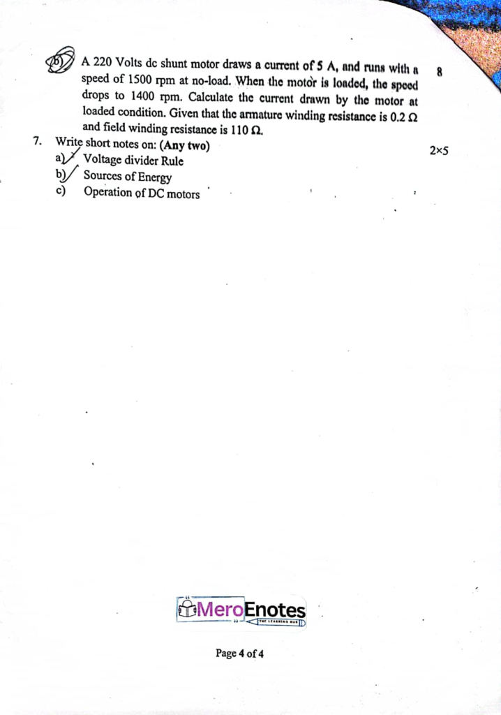 PU BE Computer Basic Electrical Engineering Question paper 1st Semester 