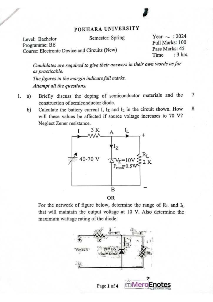 PU BE Computer Electronic Device and Circuits Question paper 1st Semester