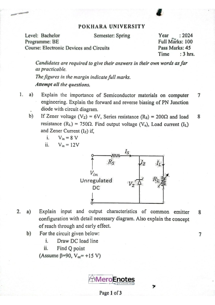 PU BE Computer Electronic Device and Circuits Question paper 1st Semester