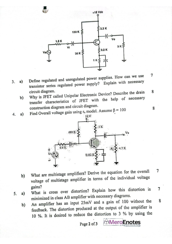 PU BE Computer Electronic Device and Circuits Question paper 1st Semester