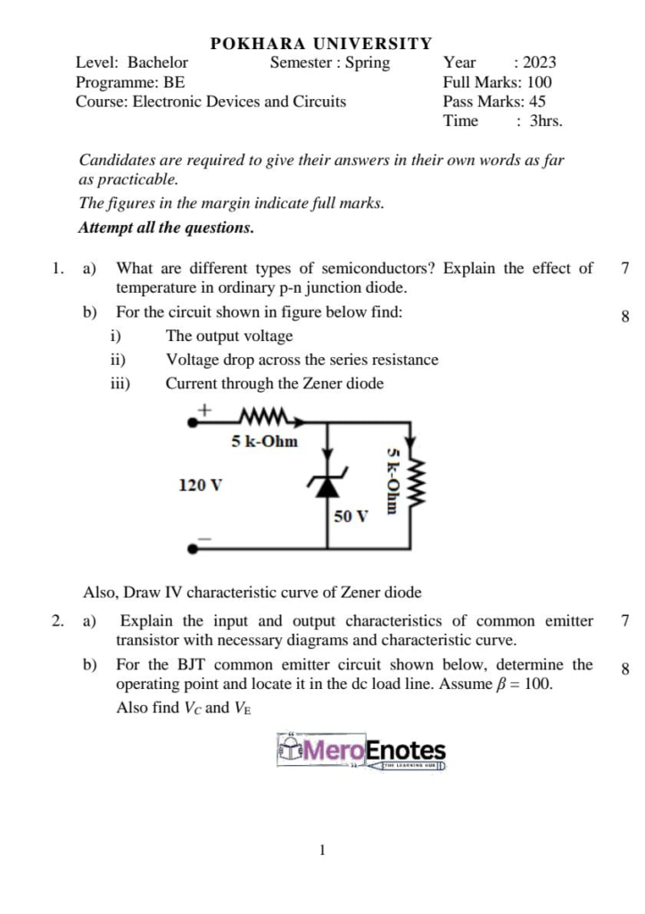 PU BE Computer Electronic Device and Circuits Question paper 1st Semester
