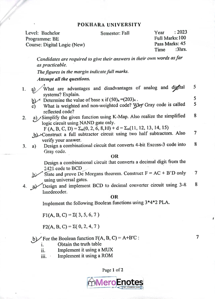 PU BE Computer Digital Logic Question paper 1st Sem (2023 Fall)