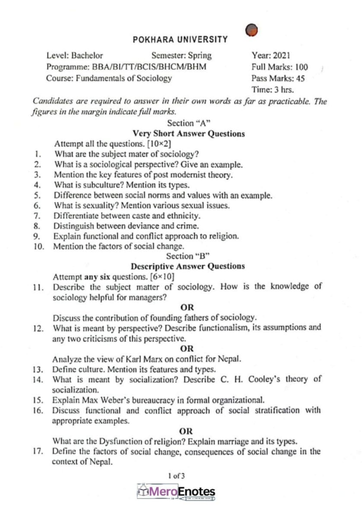 PU BBA BBA-BI BBA-TT BCIS BHCM BHM Fundamentals of Sociology Question Paper