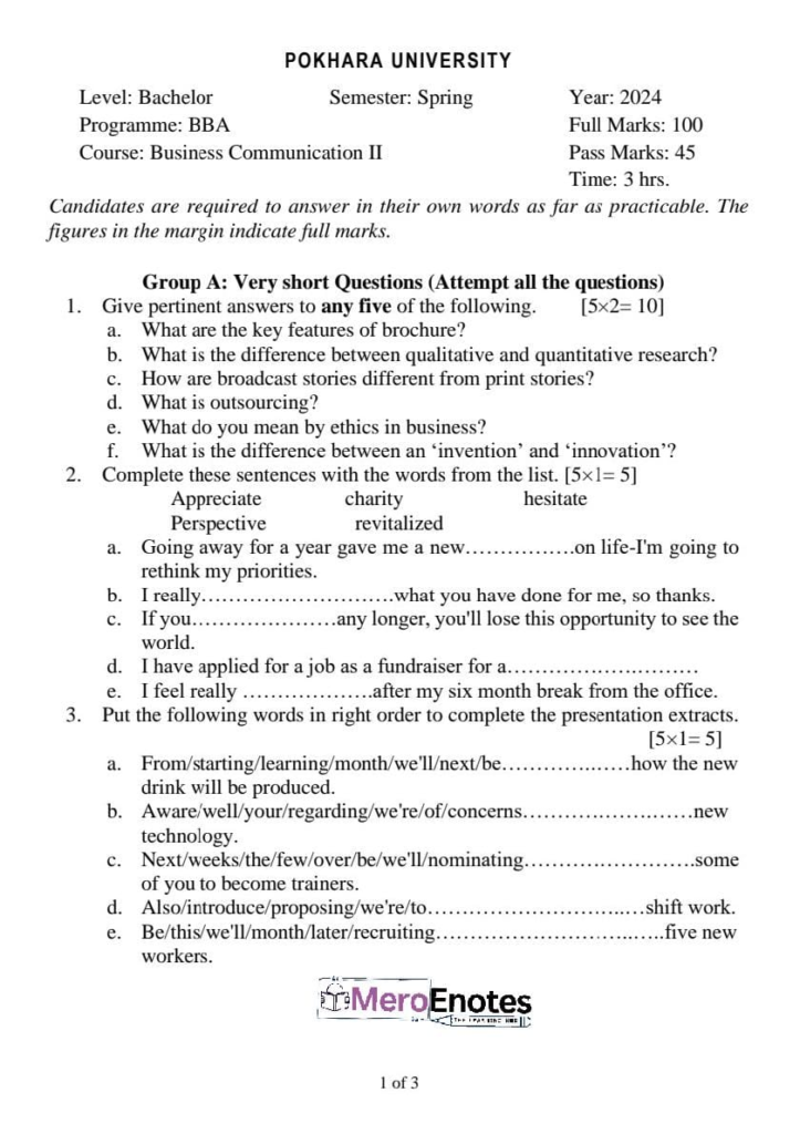 PU BBA Business Communication II Question Paper