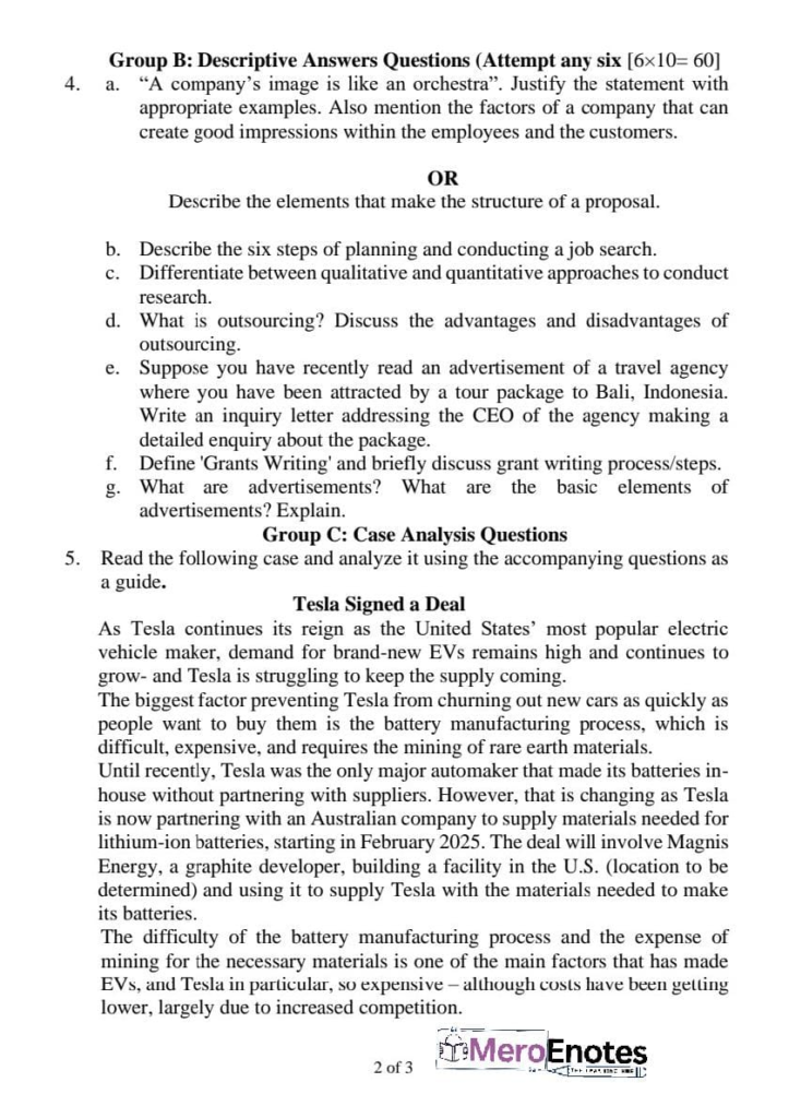 PU BBA Business Communication II Question Paper