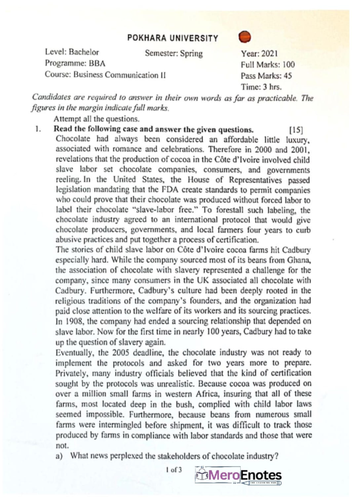 PU BBA Business Communication II Question Paper