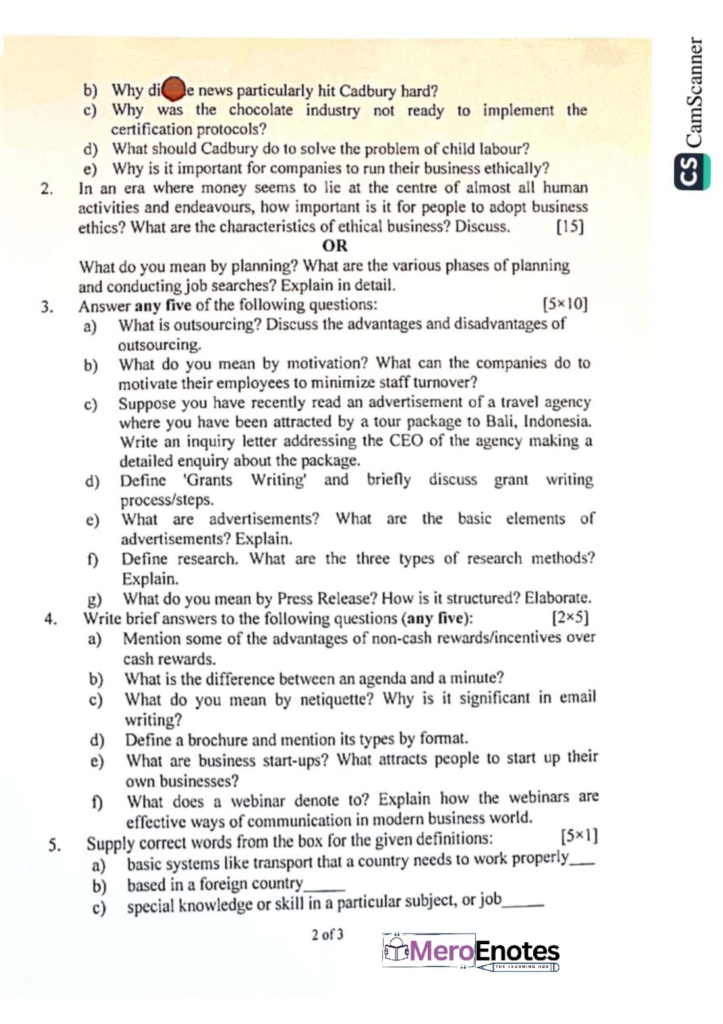 PU BBA Business Communication II Question Paper
