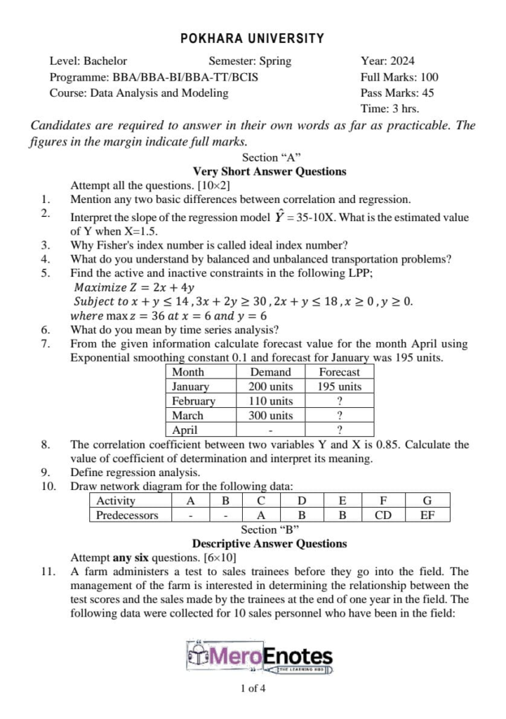 PU BBA BBA-BI BBA-TT BCIS Data Analysis and Modeling Question Paper