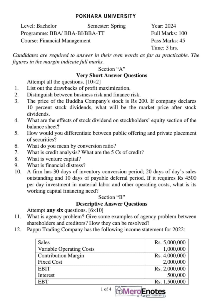 PU BBA BBA-BI BBA-TT Financial Management Question Paper