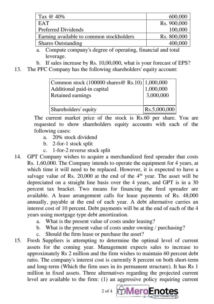 PU BBA BBA-BI BBA-TT Financial Management Question Paper