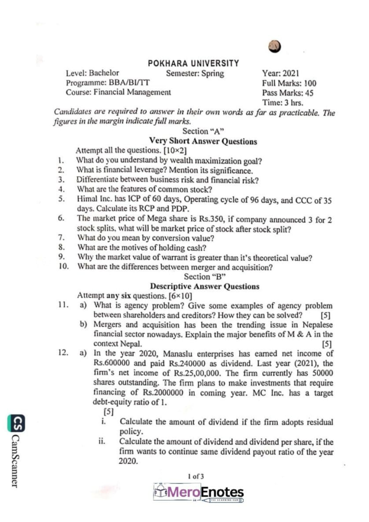 PU BBA BBA-BI BBA-TT Financial Management Question Paper