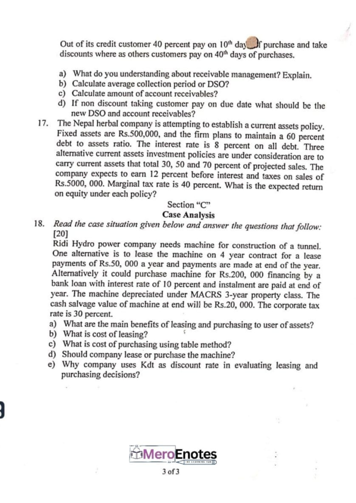 PU BBA BBA-BI BBA-TT Financial Management Question Paper