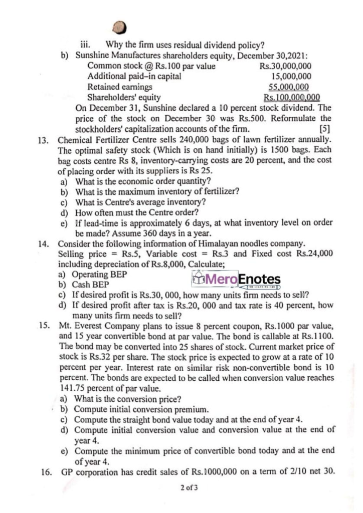 PU BBA BBA-BI BBA-TT Financial Management Question Paper