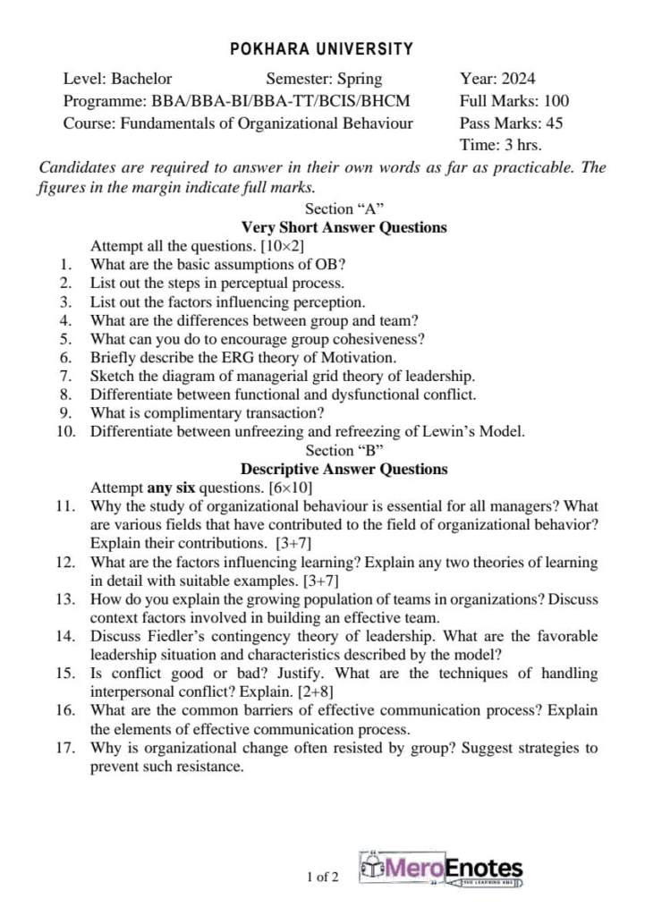 PU BBA BBA-IT BBA-BI BCIS BHCM Fundamentals of Organizational Behaviour Question Paper