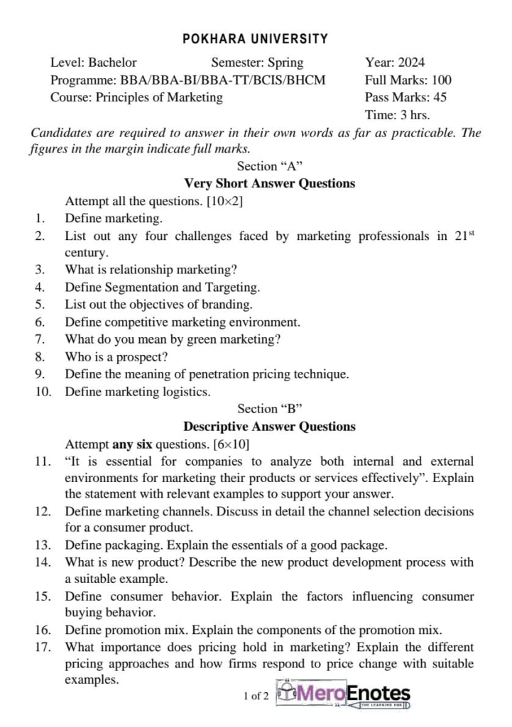 PU BBA BBA-BI BBA-TT BCIS BHCM Principals of Marketing Question Paper