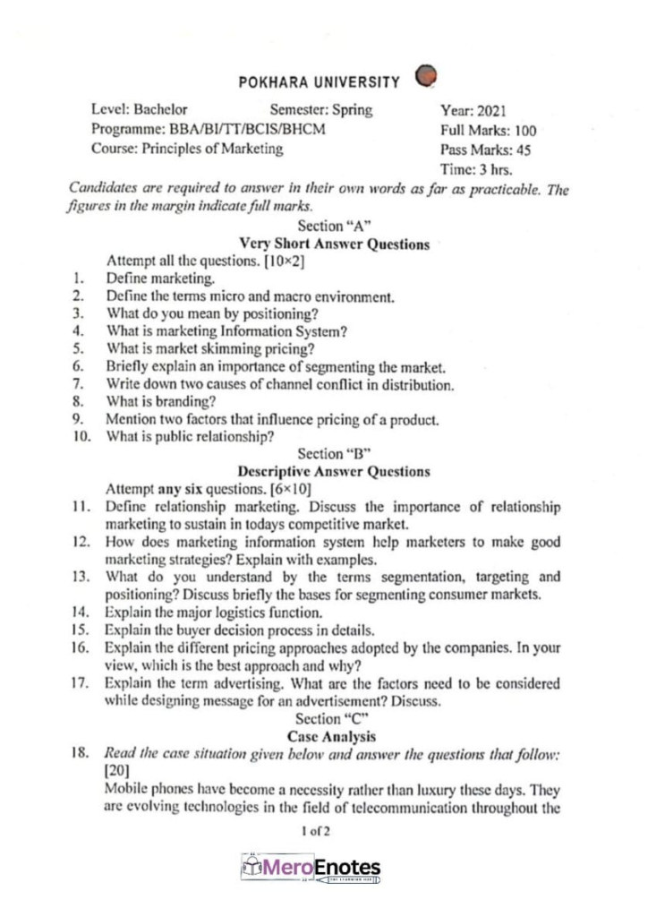 PU BBA BBA-BI BBA-TT BCIS BHCM Principals of Marketing Question Paper