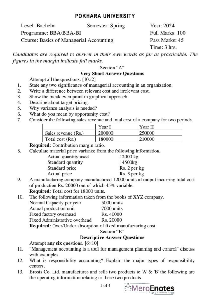 PU BBA BBA-BI Basic of Managerial Accounting Question Paper