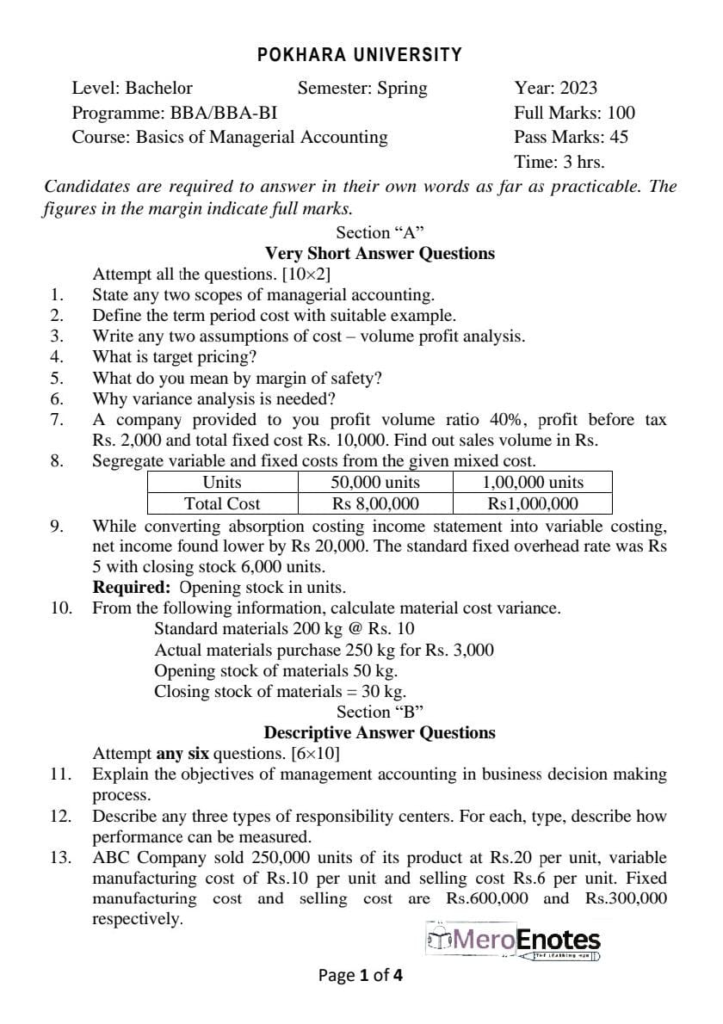 PU BBA BBA-BI Basic of Managerial Accounting Question Paper