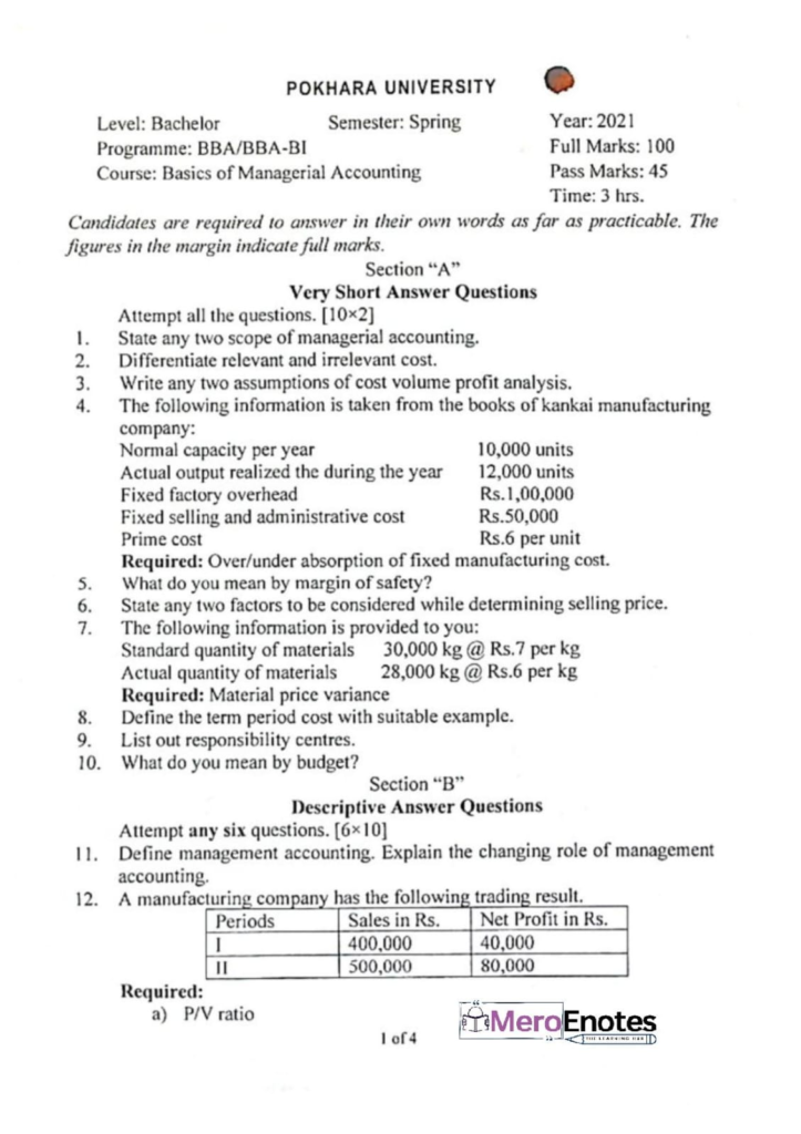 PU BBA BBA-BI Basic of Managerial Accounting Question Paper
