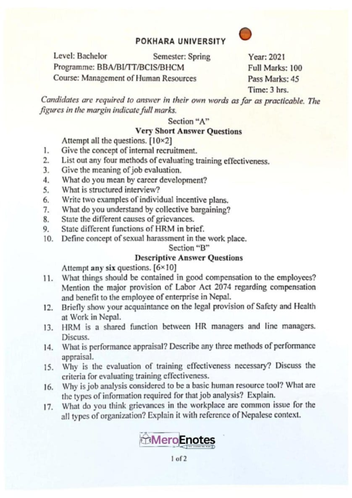PU BBA BBA-BI BBA-TT BCIS BHCM Management of Human Resource Question Paper